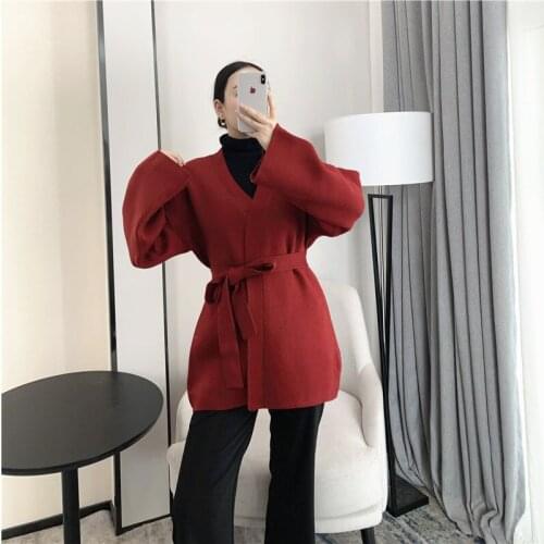 [ZAYAU]Temperament V-Neck Sweater Coat womens Autumn and Winter Thick Loose Japanese Style Slim Cardigan Middle Long Belt Top