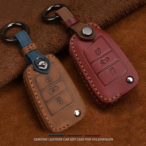 1Pcs Brand New Genuine Leather Car Remote Flip Key Cover Case With Key Chain Fob Bag For Volkswagen
