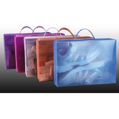 100pcs/lot Transparent Shoes Box Organizer Dustproof Storage Box Plastic Shoe box with handle wholesale 30cmx18cmx10cm