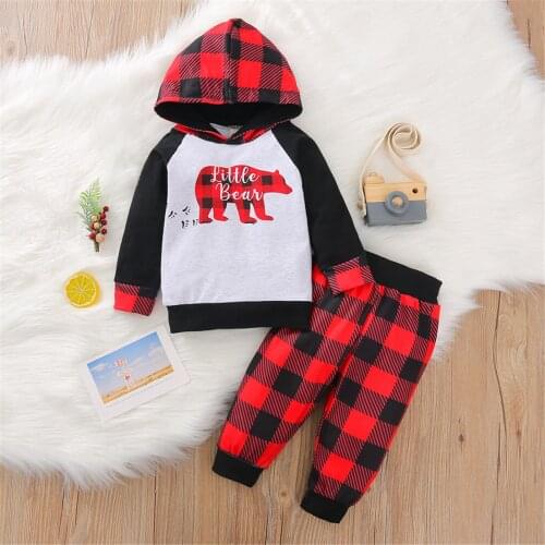 Baby 2 Pcs Christmas Outfits Suits Long Sleeve Bear Plaid Printed Hoodie and Elastic Waist Pants Set