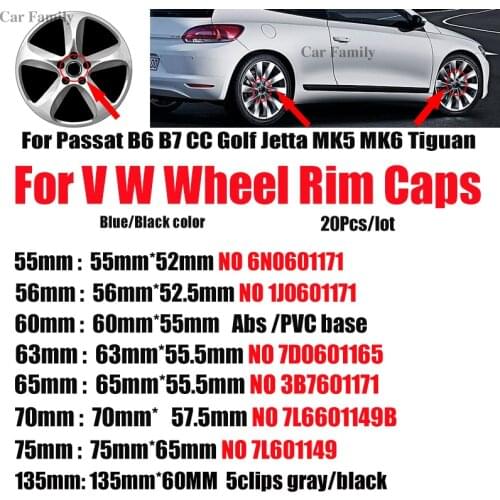 20pcs Auto Car Wheel Rim Center Cap Badge Covers Emblem 55MM 56MM 60MM 63MM 65MM 70MM 76MM 135MM for Passat B6 B7 CC Golf Logo