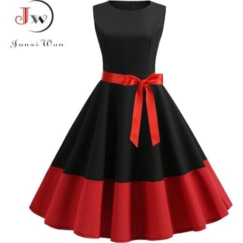 2020 Black Summer Dress Women 50s 60s Retro Vintage Dress Casual Sleeveless Elegant Robe Rockabilly Swing Pin Up Party Dress