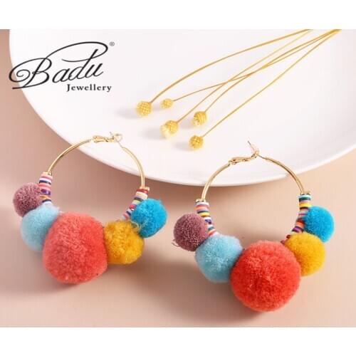 Badu Exaggeration Plush Fur Ball Circle Candy Color Hoop Earring for Women Personality Simple Handmade Pendant Earing Jewelry