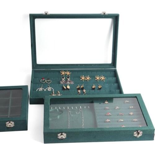 Velvet Gray Carrying Case with Glass Cover Jewelry Ring Display Box Tray Holder Storage Box Organizer Earrings Ring Bracelet U3