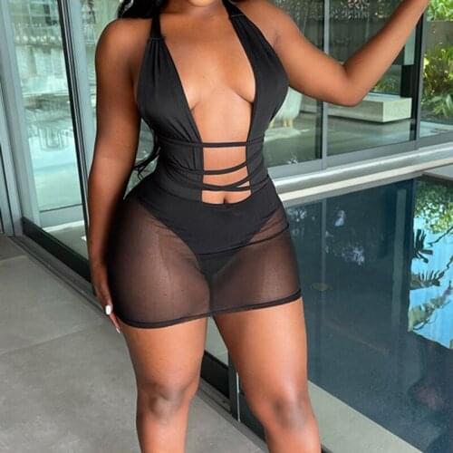 BKLD 2021 Sheer Mesh Patchwork Sleeveless Club Party Womens Clothing Black Halter Lace Up Backless Bodycon High Waist Mini Dress