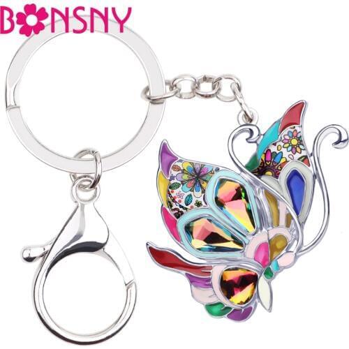Bonsny Enamel Alloy Colorful Butterfly Key Chains Keychain Key Ring Fashion Animal Jewelry For Women Girls Party Gift Decoration