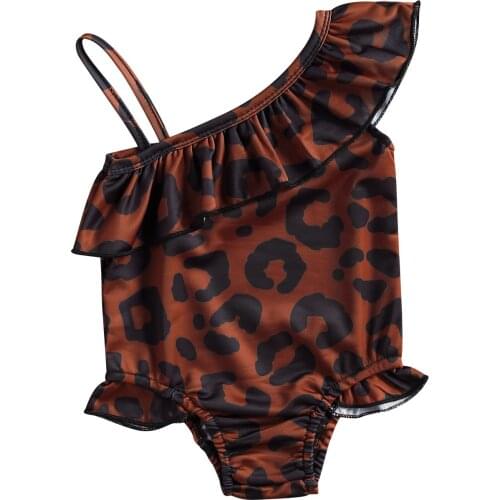Toddler Baby Girls One-Piece Leopard Swimsuit Spaghetti Strap Oblique Shoulder Ruffle Trim Bodysuit Swimwear