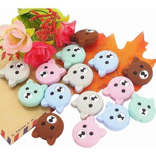 Chenkai 50PCS BPA Free Baby Silicone Bear Head Teether Beads Chew Teething Nursing Toys For Baby Pacifier Clip Chain Accessories