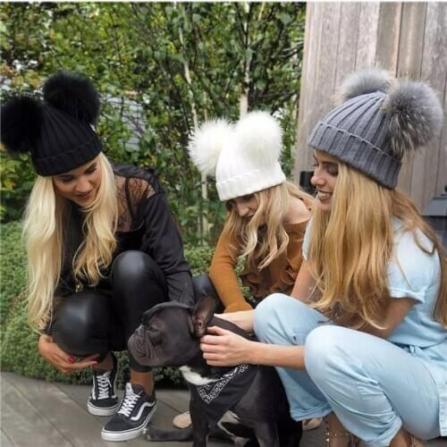 5A quality Two natural Pom Poms hat Winter Girls Boys Warm Fur Pompom Ball Knitted Beanies Cotton Bonnet for kids