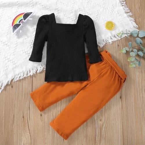 2 Pieces Kids Baby Gilrs Suit Set, Autumn Solid Color O-Neck Long Sleeve Ribbed Pullover Shirt+ Long Pants for Girls, 6M-5T