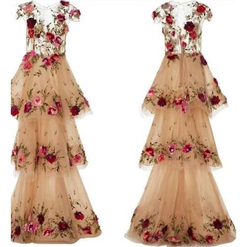 Pretty Champagne Floral Tiered Long Prom Dresses 2020 Lace Ruffles 3D Flower Prom Gowns Sexy Illusion Formal Party Dress Abiye