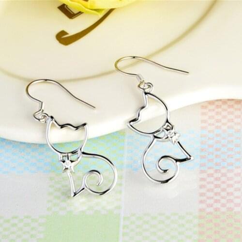 Fashion Simple Silver Plated Cat Dangle Drop Earrings Cute Hollow Cat Zircon Crystal Earrings Girls Birthday Party Gifts Jewelry