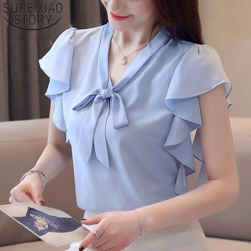 Fashion Women Tops And Blouses 2021 Ladies Tops White Blouse Shirt Bow Shirts Chiffon Blouse V-Neck Short Sleeve Shirt 4080 50