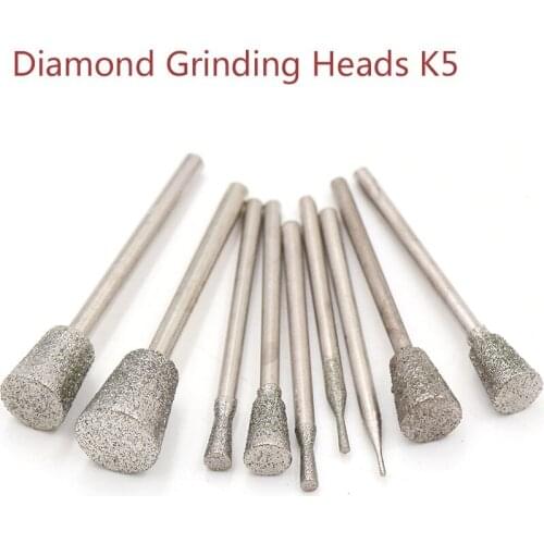 10pcs 2.35mm Shank Diamond Grinding Head Set Coated Mounted Bit Burr Lapidary Tool for Dremel Stone Gemstone Carving K5 Needle