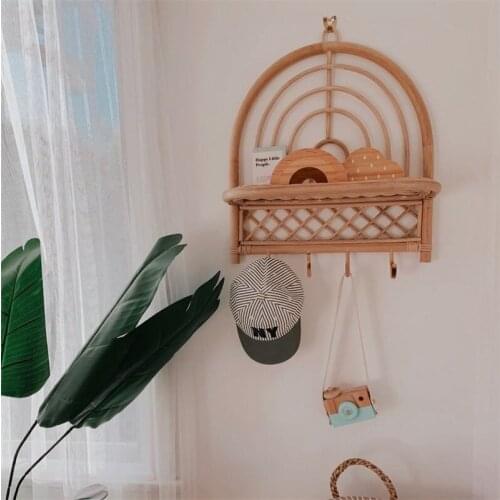 Vintage Rainbow Rattan Wall Hooks Kids Garments Organizer Rack Clothes Hat Hanging Hook Rattan Bed Room Cosmetic Decor Shelf
