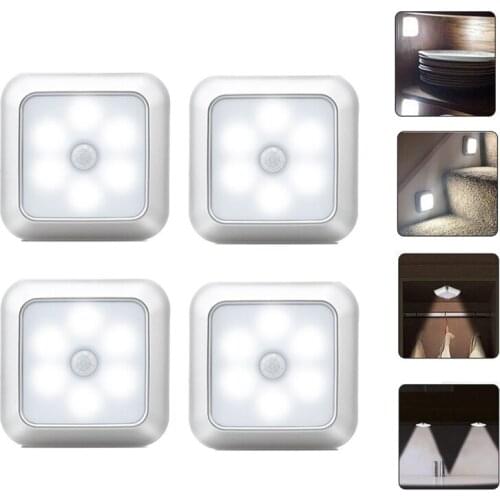 Battery Powered 6 LED Square Motion Sensor Night Lights Induction Under Cabinet Light Closet Lamp for Stairs Kitchen