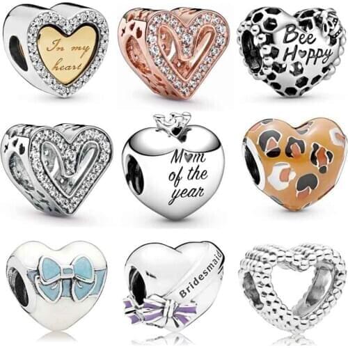 Original Openwork Rose Sparkling Freehand Heart With Crystal Bead Charms Fit Pandora Bracelet 925 Sterling Silver Bead Jewelry