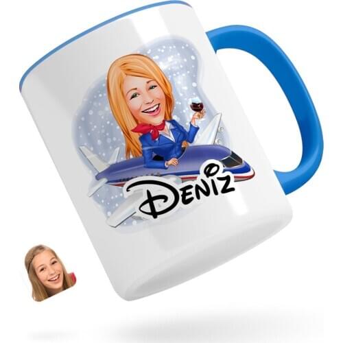 Personalized Stewardess Caricature Of Blue Mug Bardak-1
