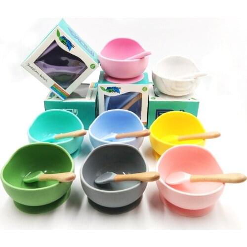 Food Grade Silicone Baby Suction Cup Bowl with Spoon Anti-rolling Bright Color Feeding Dishes Dinnerware Set For Babe Accessory