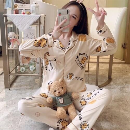 2021 Pijamas Women Cotton Set 2 Pices Pajama Sets For Womens Turn-down Collar Sleepwear Full Sleeve Tops +Long Pants Soft Pjs
