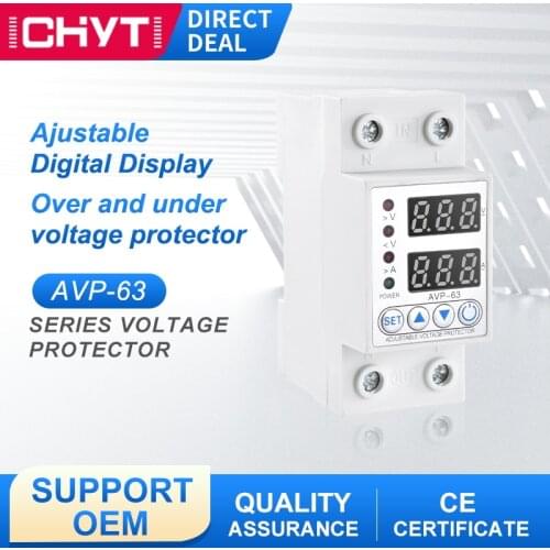 AVP-63 Over Under Voltage Relay 40A 63A 230V Din Rail Adjustable Automatic Digital Dual Display Limit Over Current Protection