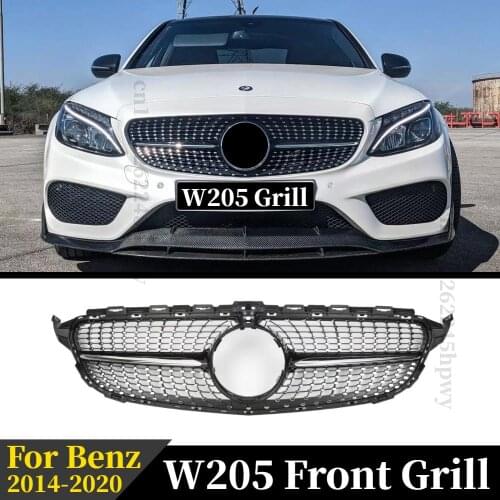 Front Bumper Grill For Mercedes Benz W205 C class 2015 2016 2017 2018 2019 C180 C200 C300 C260 Grilles With Camera Diamond Style