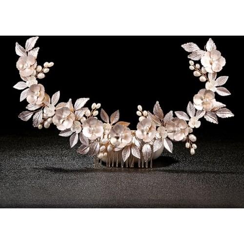 Luxury Golden Leaf Freshwater Pearl Wedding Hair Comb Jewelry Bridal Hair Piece Accessories Handmade Female Headdress