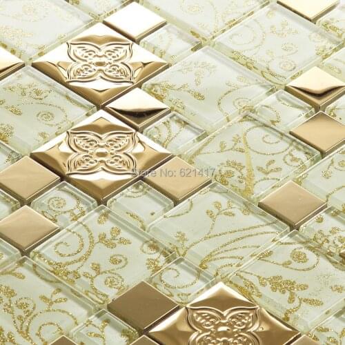 Yellow carved flower 3D glass stainless steel mosaic tiles HMGM1132 for mesh backing bathroom wall floor kitchen backsplash tile