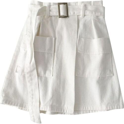 2020 Summer White Denim High Waist Hot With Belt Vintage Women Sexy A-Line Skirt Pantalones Feminino
