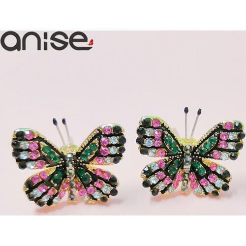 Anise Multicolor Crystal Butterfly Stud Earrings Woman Exquisite Rhinestone Wedding Earrings Female Jewelry Party Oorbellen