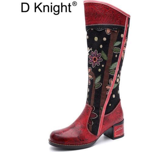 New Fashion Genuine Leather Knee High Riding Boots For Women Retro Ethnic Patchwok High Heels Western Cowboy Womens Boots Shoes