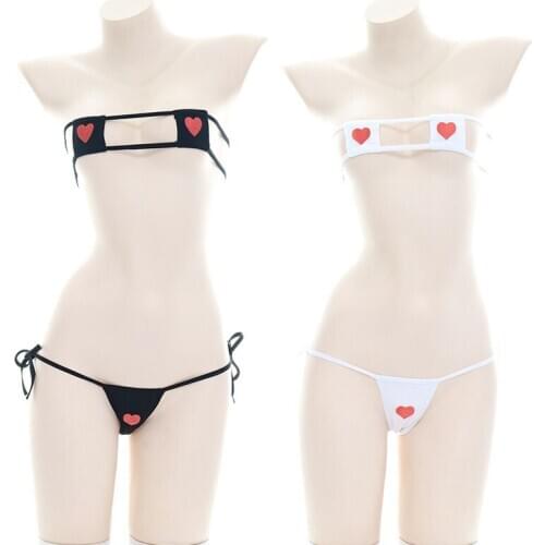 Women Sexy Sling Love Heart Printed Bikinis White Black Girl Beach Sunbathing Spa Swimwear Ladies Swimsuit Lolita Bra Underwear