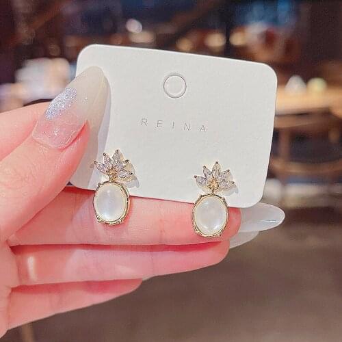 Korean New Pineapple Zircon Earrings for Women Trendy Oval Opal Stud Earrings Female Delicate Elegant Sweet Fruit Ear Studs Gift