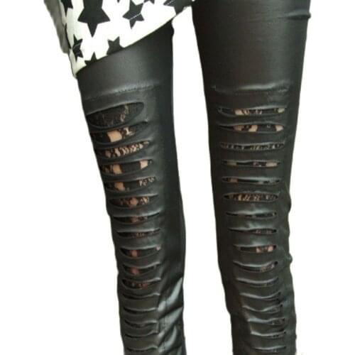 Lady Fitness striped hole fake leather Pants ripped punk Floral lace leggings Stretched black street casual leggings for women