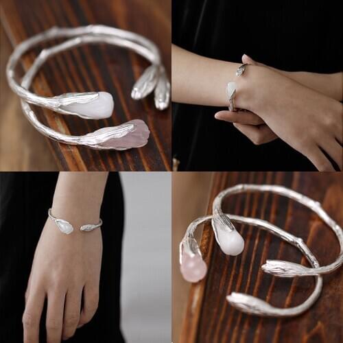 990 Sterling Silver color Tulip Flower Bangle for Women Open Adjustable with Crystal Bangle Bracelet Unique Gift Fine Jewelry