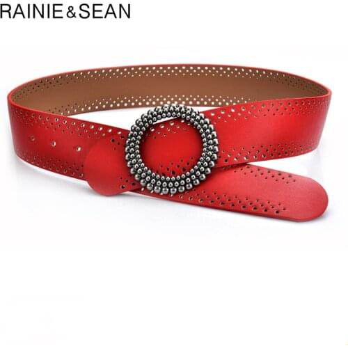 RAINIE SEAN Wide Belt Women Red Cowskin Ladies Dress Belt Real Leather Hollow Out Brand Vintage Women Belt 102cm Ceinture Cinto
