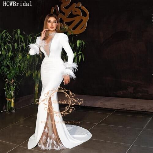 White Long Sleeves Feather Arabic Evening Dress Sliver Crystals Mermaid Plus Size Special Occasion Dresses For Women Prom Gowns