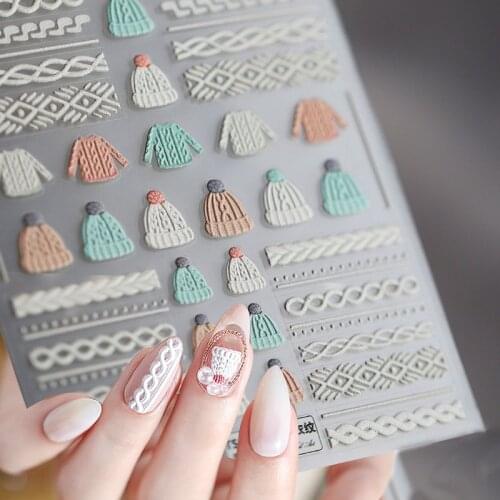 1pcs Sweater Pattern 3D Acrylic Engraved Nail Sticker Winter design Empaistic Nail Decor Decals 2021 New year Manicure sliders