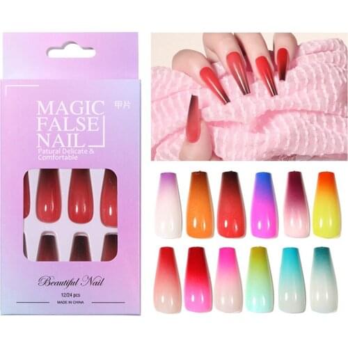 24pcs Gradient Color Fake Nail Patch Coffin Ballerina Press On Women Finger Nail Tips Wearable False Nails With Adhesive Sticker