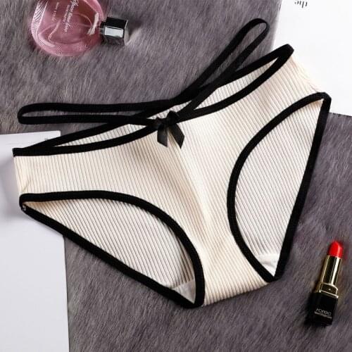3 Pcs Set Solid Striped Sexy Underwear Women Lovely Cross Lace Side Seamless Briefs Breathable Cotton Panties Lingerie