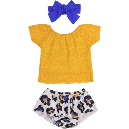 Pudcoco 0-24M 3Pcs Summer Baby Girls Infant Kids Yellow Lace Off-the-Shoulder Blouse Tops+Leopard Shorts Pants+Headdress Sets