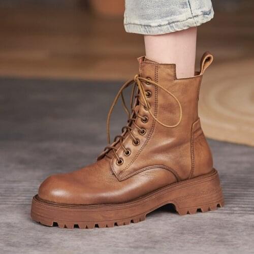 Brown Thick Soled Martin Boots Women Genuine Leather Winter 2021 Lace-up Height Increasing Short Knight Boot Shoes Woman Botas