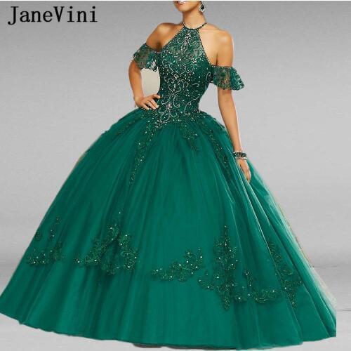 JaneVini Elegant Princess Dark Green Quinceanera Dresses Ball gown Halter Appliques Luxury Heavy Beads Tulle Vestidos De 15 Anos