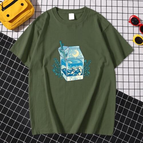 Milk Box Moonlight Waves Printing Mens Tshirt Creativity Loose Tshirts Vogue Vintage T-Shirt Street Quality Men Summer Clothes