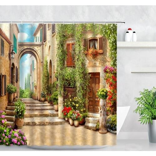 Oil Painting Flower Town Building Street Scenery Garden Background Wall Decor Cloth Shower Curtains Home ​Decor Bathroom Curtain
