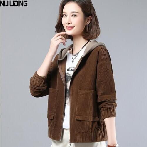 NIJIUDING 2020 Autumn New Jackets Women Corduroy Women Solid Long Sleeve Polyester Hooded Collar Zipper Casual Short Coat Female
