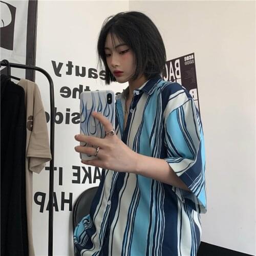 Summer Harajuku treetwear Vintage Blue Striped Thin Shirt Short Sleeve Casual Loose Single Breasted Oversized Cool Girl Shirt