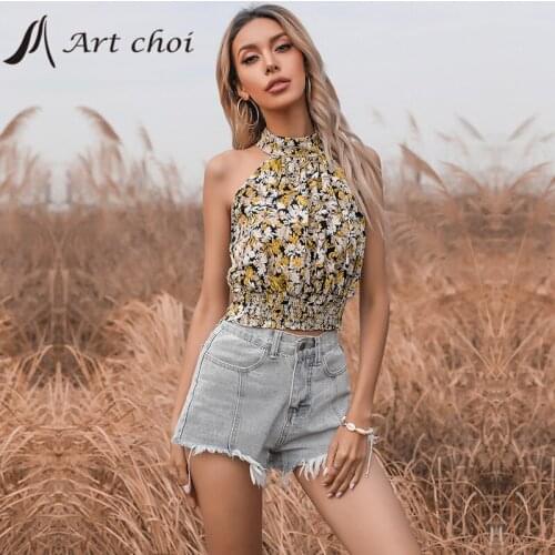 Summer Chic Women Print Halter Vest Sleeveless Strap Floral Tanks Vest Bodycon Tops Female Outwear Outfits Occidental style
