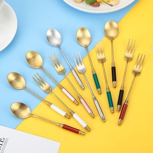 Stainless Steel Dessert Spoon Dessert Fork European Retro Cylindrical Afternoon Tea Coffee Spoon Dessert Fork Eco Friendly