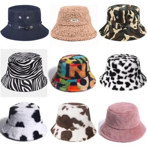 Autumn Winter Cotton Plush Bucket Hats Women Thick Warm Panama Cow Leopard Fisherman Hat Lady Girls Outdoor Travel Street Caps